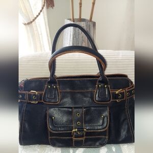 Tommy HILFIGER VINTAGE Classic Black Leather Satchel with Tan Trim